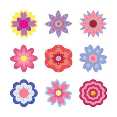 Fototapeta na wymiar Set of flat vector cartoon flowers. Collection of silhouettes isolated on white background. Bright icons for design, printing, stickers, scrapbooking. Cute, simple style.