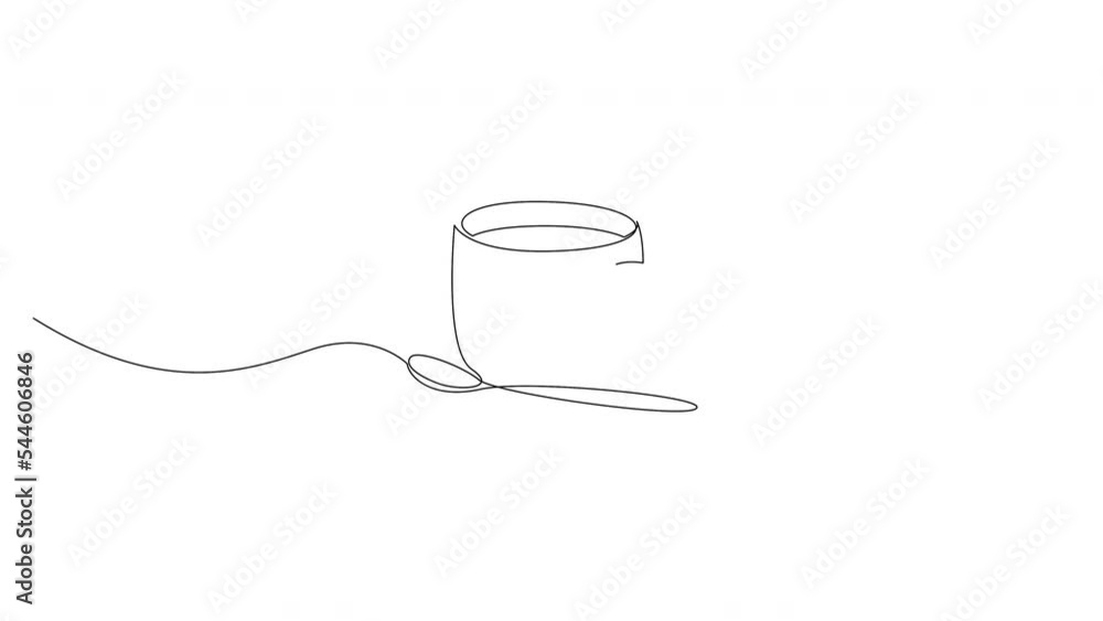 Poster continuous one line drawing animation of coffee cup with plate and spoon. self drawing animation vid
