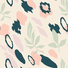 Seamless background with pale green twigs. Vector illustration with abstract elements and plant silhouettes. Collage of pink spots and green leaves on a beige background.