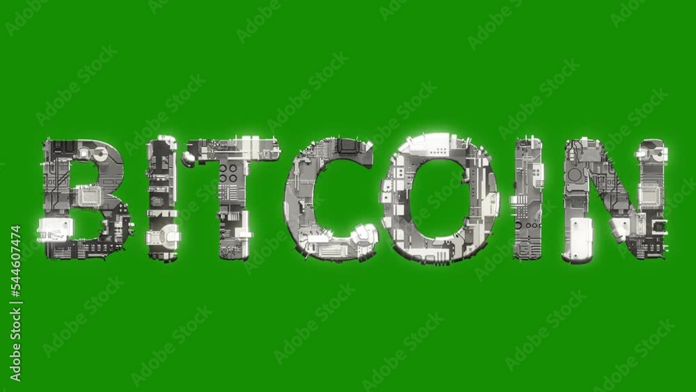 Poster silver grey cybernetical text bitcoin with animation on green screen, isolated - loop video