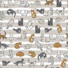 Cat domestic animal vector seamless striped pattern.