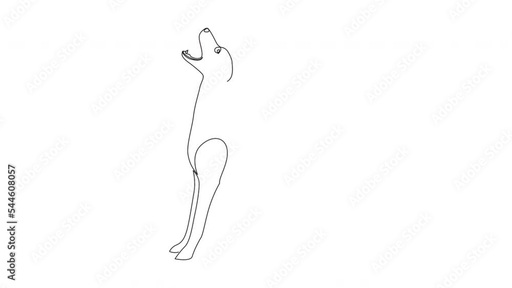 Poster continuous line drawing of a dog sitting with open mouth. self drawing animation.