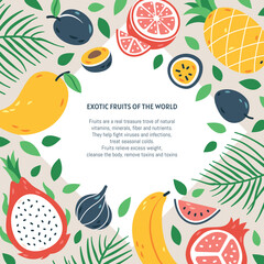 Banner with exotic fruits and palm leaves. Chinese plum, Pitahaya cutus fruit, healthy passion fruit and figs, juicy pineapple and mango, ripe orange and banana. Vector illustration in a flat style.