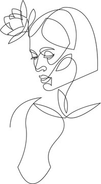 Woman line art minimalist logo. Nature organic cosmetics makeup. Flower head feminine illustration line drawing. Woman face with flowers line.