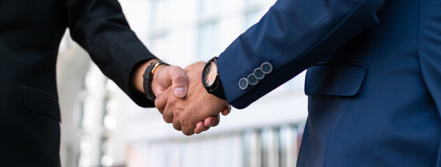 successful contract negotiate and handshake concept, two businessman shake hand with partner to celebration partnership, teamwork, business deal in room meeting after success communication, agreement - obrazy, fototapety, plakaty