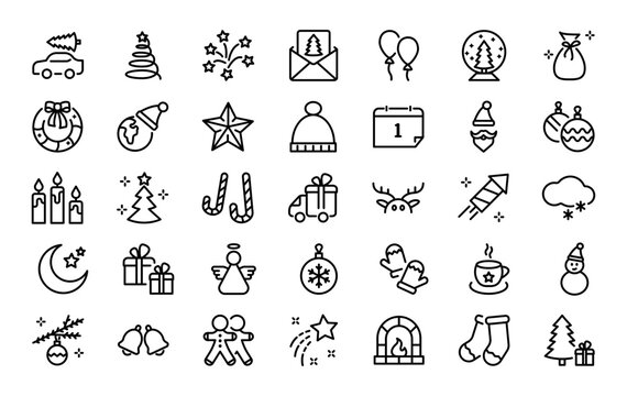 Set of 35 Christmas and New Year icons in line style. Snowflake, gift box, christmas tree, Santa, and other. Vector illustration.