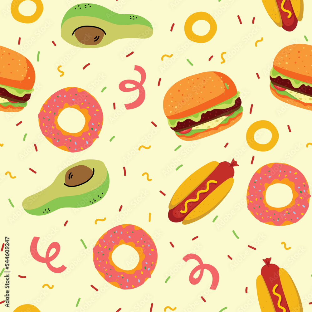 Poster seamless pattern with crazy comic faces, creepy characters and colorful geometric shapes with outlin