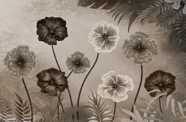 Fototapety  3d mural wallpaper. painting flowers and leaves on a light texture drawing background. for wall decor