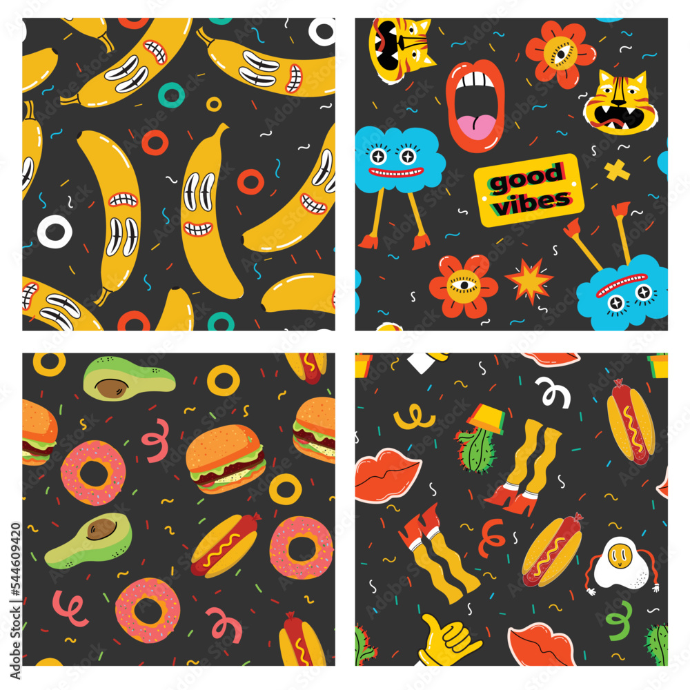 Poster seamless pattern with crazy comic faces, creepy characters and colorful geometric shapes with outlin