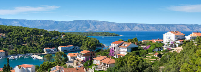 Panoramic view of Jelsa, Hvar island in Croatia. Scenic summer day banner image, bird view from...