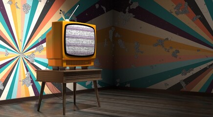 Retro television set, burst wallpaper on cracked wall - 3D illustration