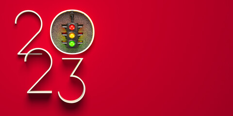 Creative 2023 New Year design template with a traffic light. 
