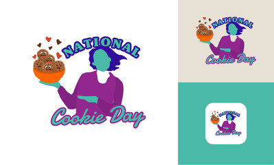 Illustration of a woman enjoy present biscuits on white background Happy National Cookie Day