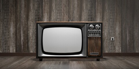 Retro television set, wooden wall and floor - 3D illustration
