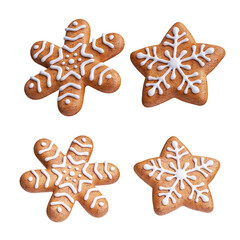 Christmas gingerbread star and snowflakes shapes glazed. 3d illustration