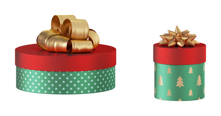 Gift box with golden ribbon and bow. Christmas 3d element