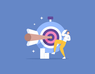 work time management and complete work before deadlines. disciplines, strategies, challenges, business plans. an entrepreneur is happy because he managed to reach the target and on time. illustration