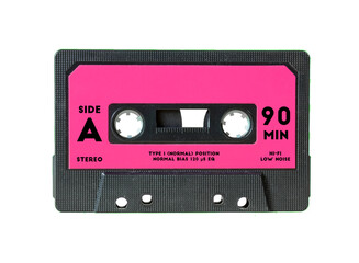 Isolated old vintage cassette tape, with text on the label (Side A, 90 Min) and an empty space for...