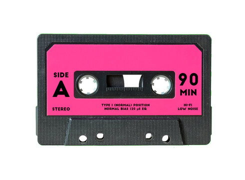 Isolated old vintage cassette tape, with text on the label (Side A, 90 Min) and an empty space for the title.
