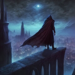 A mysterious hooded figure stands on a tall tower, looking down at the city below. Fantasy illustration.