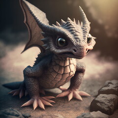 a cute adorable baby dragon lizard  3D Illustation stands in nature in the style of children-friendly cartoon animation fantasy style
