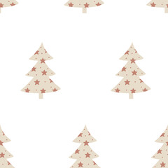 Seamless pattern with christmas trees in boho style. Flat new years trees with stars in beige color.