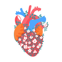 Anatomic flat heart with little white flowers and leaves. Papercut effect vector illustration. Love and self care concept - 544613048
