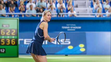 Female Tennis Player Looking at Flying Ball with a Racquet During Championship Match. Professional...