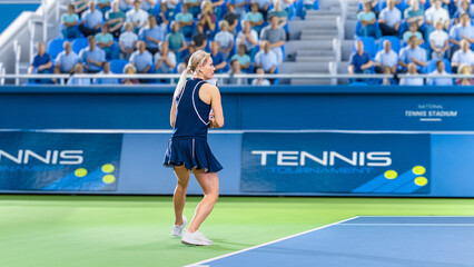 Female Tennis Player Hitting Ball with a Racquet During Championship Match. Professional Woman Athlete Striking Ball. World Sports Tournament with Audience. Side View of Sportswoman Performance.