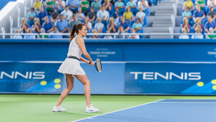 Female Tennis Player Hitting Ball with a Racquet During Championship Match. Professional Woman Athlete Striking Ball. World Sports Tournament with Audience. Side View Photo With Crowd Cheering.