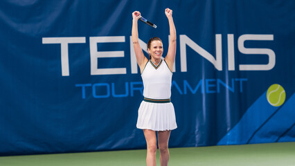 Female Tennis Player Hitting Ball with Racquet on Championship Match. Professional Woman Athlete Receives and Lands Perfect Volley Shot and Celebrates Winning. World Tournament Event Concept.