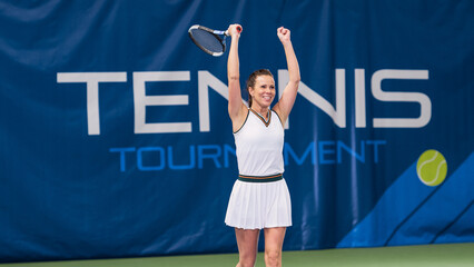 Professional Woman Athlete Receives and Lands Perfect Volley Shot and Celebrates Winning. Female...