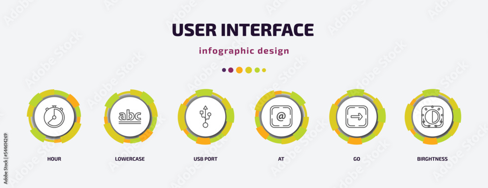 Poster user interface infographic template with icons and 6 step or option. user interface icons such as ho