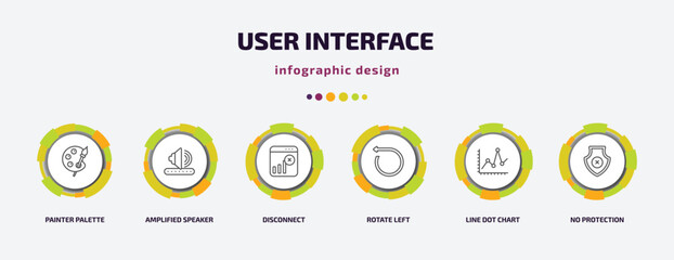 user interface infographic template with icons and 6 step or option. user interface icons such as painter palette, amplified speaker, disconnect, rotate left, line dot chart, no protection vector.