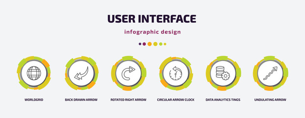 user interface infographic template with icons and 6 step or option. user interface icons such as worldgrid, back drawn arrow, rotated right arrow, circular arrow clock, data analytics tings,