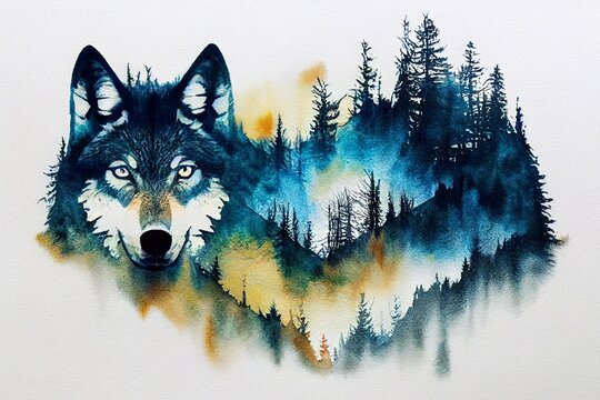 Abstract colorful wolf background. Wolf watercolor double exposure background