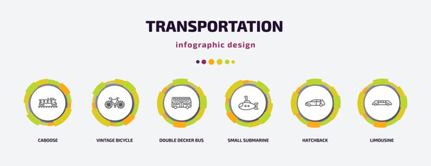 transportation infographic template with icons and 6 step or option. transportation icons such as caboose, vintage bicycle, double decker bus, small submarine, hatchback, limousine vector. can be - obrazy, fototapety, plakaty