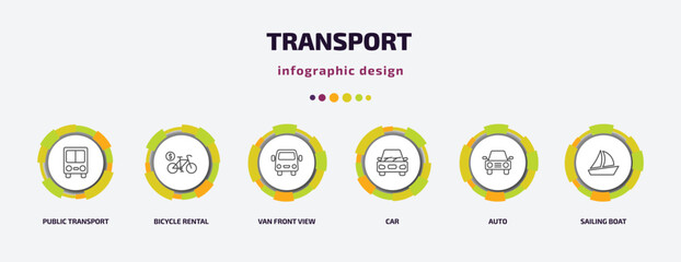 transport infographic template with icons and 6 step or option. transport icons such as public transport, bicycle rental, van front view, car, auto, sailing boat vector. can be used for banner, info