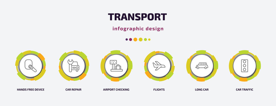 Transport Infographic Template With Icons And 6 Step Or Option. Transport Icons Such As Hands Free Device, Car Repair, Airport Checking, Flights, Long Car, Car Traffic Vector. Can Be Used For