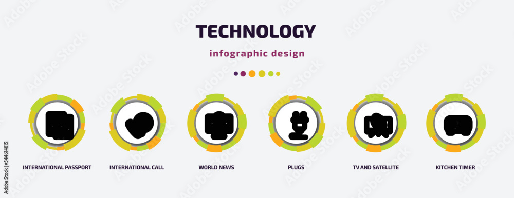 Poster technology infographic template with icons and 6 step or option. technology icons such as internatio