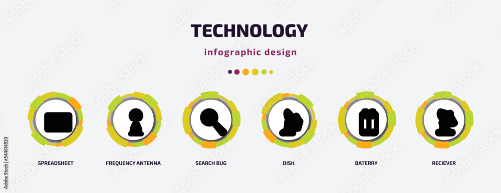 Poster technology infographic template with icons and 6 step or option. technology icons such as spreadshee