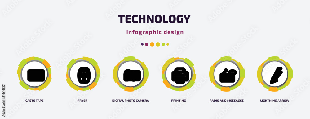 Poster technology infographic template with icons and 6 step or option. technology icons such as caste tape