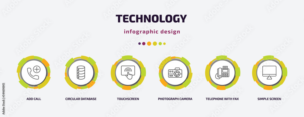Poster technology infographic template with icons and 6 step or option. technology icons such as add call, 