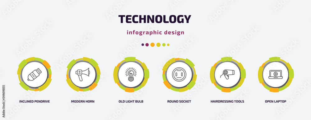 Poster technology infographic template with icons and 6 step or option. technology icons such as inclined p