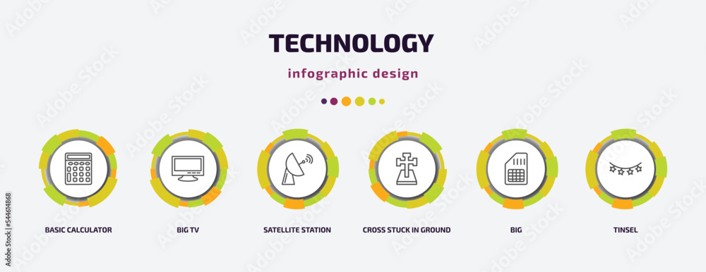 Poster technology infographic template with icons and 6 step or option. technology icons such as basic calc