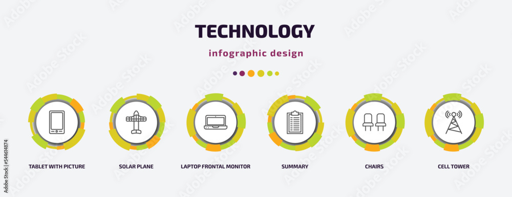 Poster technology infographic template with icons and 6 step or option. technology icons such as tablet wit