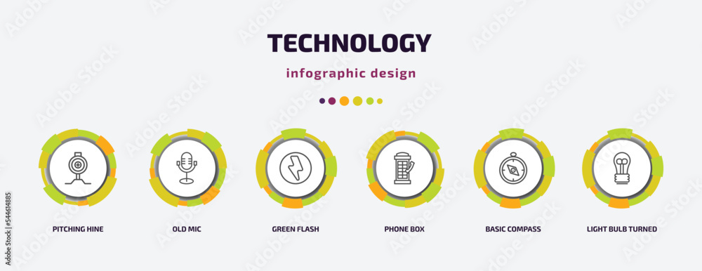Poster technology infographic template with icons and 6 step or option. technology icons such as pitching h