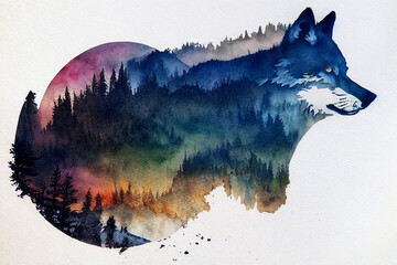 Abstract colorful wolf background. Wolf watercolor double exposure background