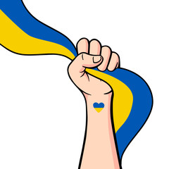 Save Ukraine demonstration, Stop War peaceful protest poster. Human arm fist with Ukrainian flag. Background vector illustration with copy space of raising hand.