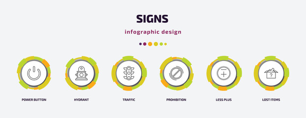 signs infographic template with icons and 6 step or option. signs icons such as power button, hydrant, traffic, prohibition, less plus, lost items vector. can be used for banner, info graph, web,